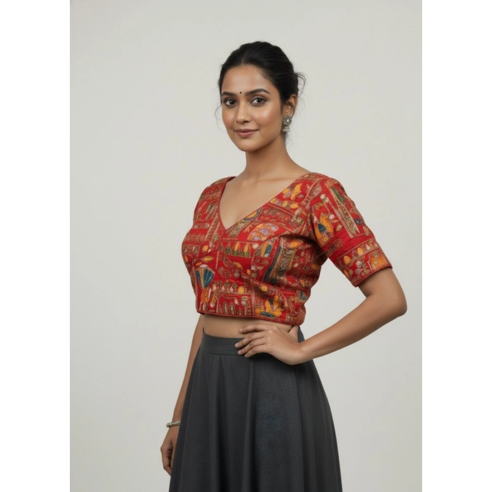 Generic Women's Crepe Position Print V Neck Short Sleeve Readymade Blouse (Red 38 Ready , Alterable 36–40)-PID65824