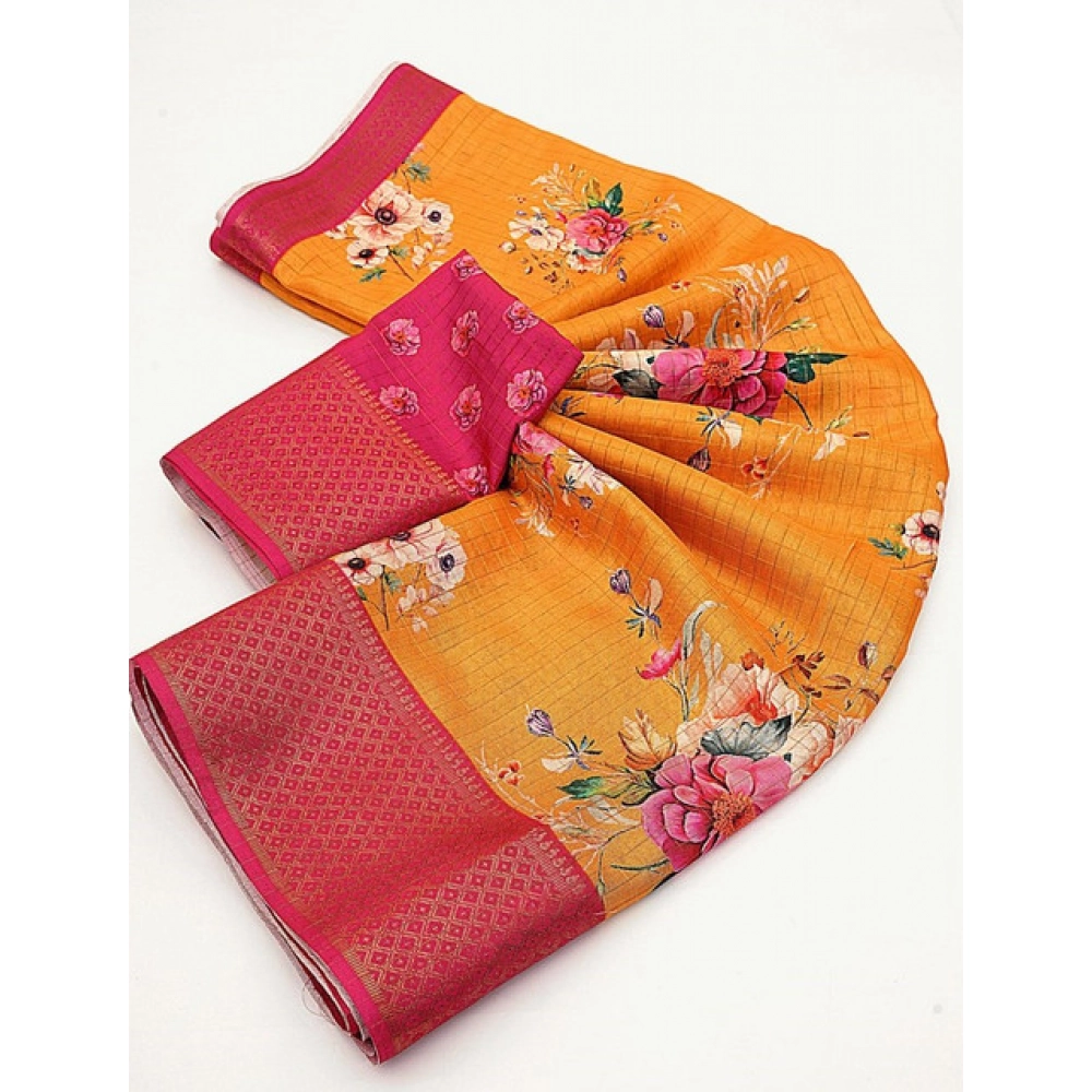 Women's Cotton Blend Floral Printed Saree With Unstitched Blouse 5.5Mtr (Yellow)