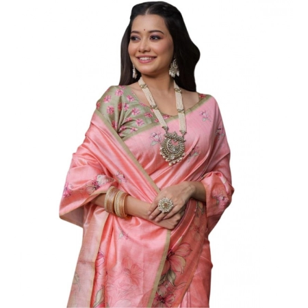 Generic Women's Faux_Tussar Floral_Print Saree With Unstitched Blouse 5.5Mtr (Peach) Generic Women's Faux_Tussar Floral_Print Saree With Unstitched Blouse 5.5Mtr (Peach)