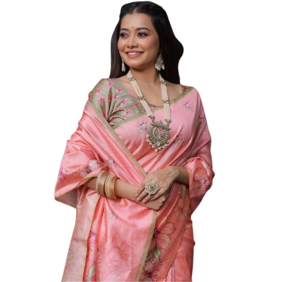 Generic Women's Faux_Tussar Floral_Print Saree With Unstitched Blouse 5.5Mtr (Peach) Generic Women's Faux_Tussar Floral_Print Saree With Unstitched Blouse 5.5Mtr (Peach)