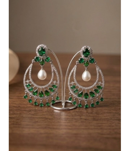 Generic Women's Brass Silver Plated Chandbali Earrings (Green)