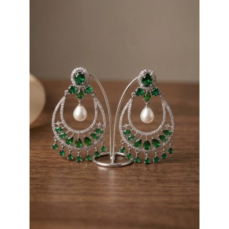 Generic Women's Brass Silver Plated Chandbali Earrings (Green)