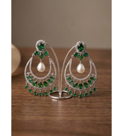 Generic Women's Brass Silver Plated Chandbali Earrings (Green)