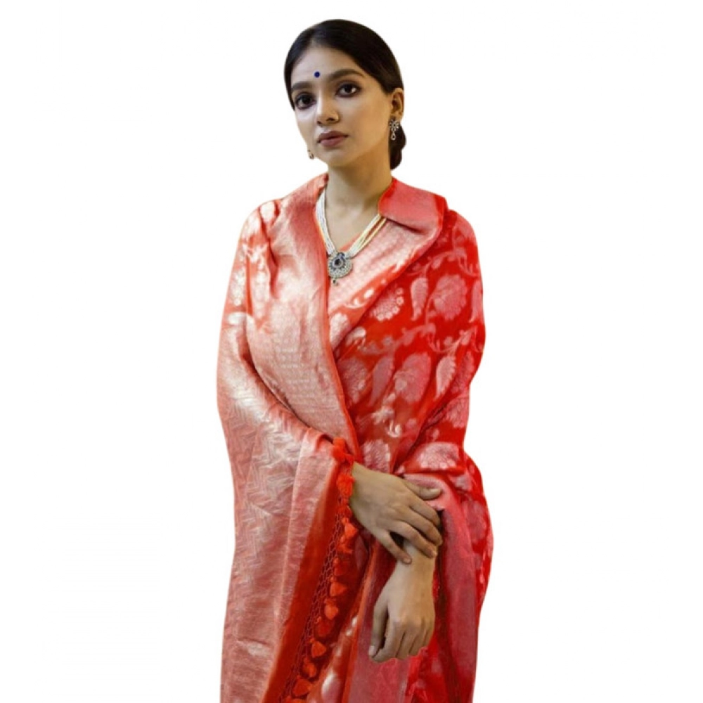 Generic Women's Soft Litchi Silk Jacquard Work Saree With Unstitched Blouse 5.5Mtr (Red)
