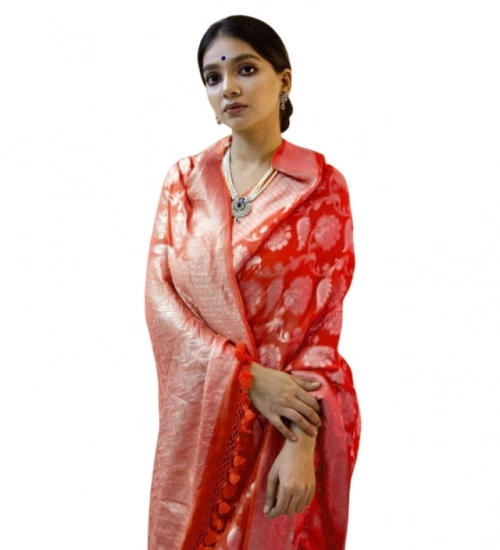 Generic Women's Soft Litchi Silk Jacquard Work Saree With Unstitched Blouse 5.5Mtr (Red)