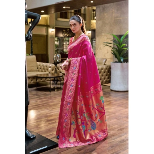 Women's Silk Blend Paithani Weaving Saree With Unstitched Blouse 5.5Mtr (Pink)