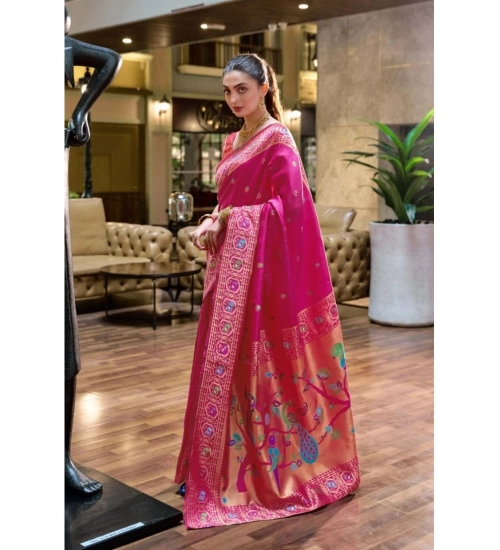 Generic Women's Silk Blend Paithani Weaving Saree With Unstitched Blouse 5.5Mtr (Pink)