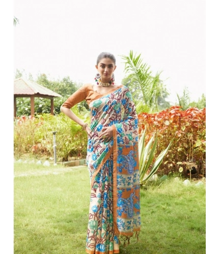Generic Women's Faux_Tussar Kalamkari_Print Saree With Unstitched Blouse 5.5Mtr (Brown)