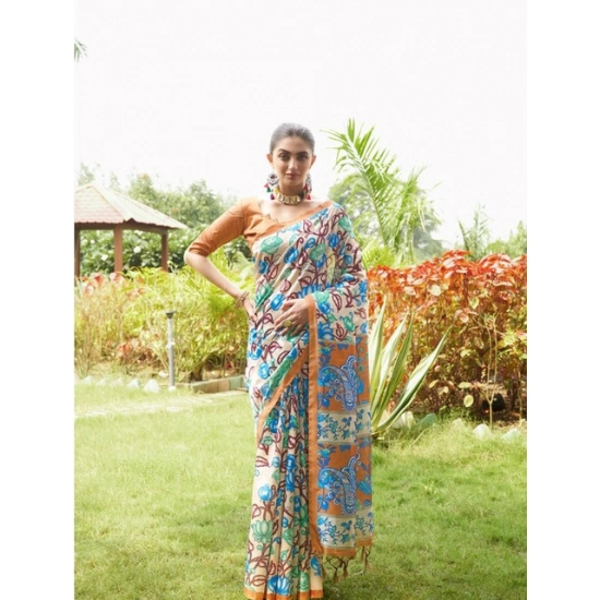 Generic Women's Faux_Tussar Kalamkari_Print Saree With Unstitched Blouse 5.5Mtr (Brown) Generic Women's Faux_Tussar Kalamkari_Print Saree With Unstitched Blouse 5.5Mtr (Brown)