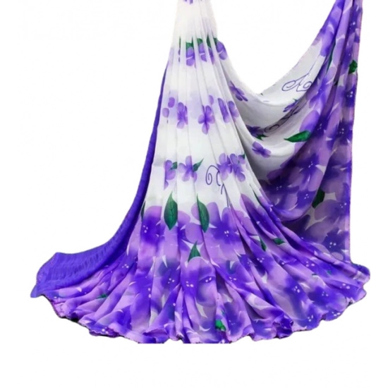 Generic Women's Georgette Floral Printed Saree With Unstitched Blouse 5.5Mtr (White-Purple)