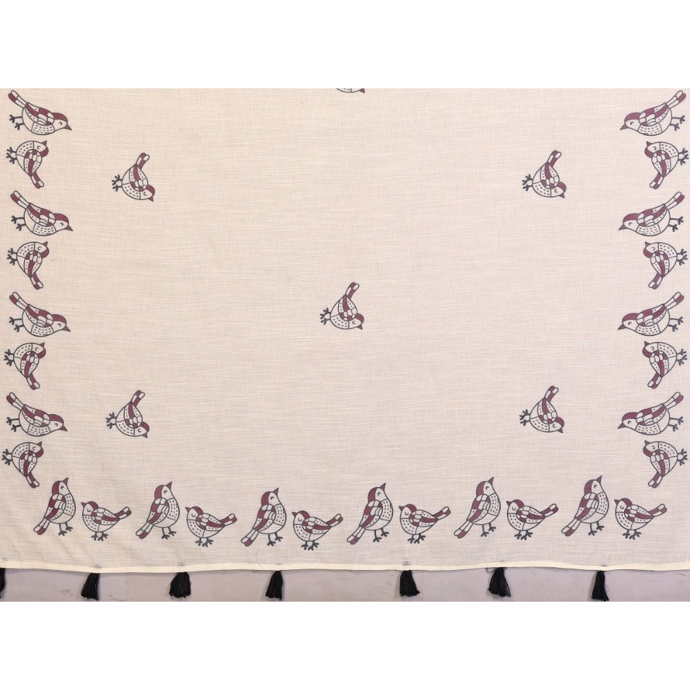 Generic Women's Linen Cotton Printed Saree With Unstitched Blouse 5.5Mtr (Off White)