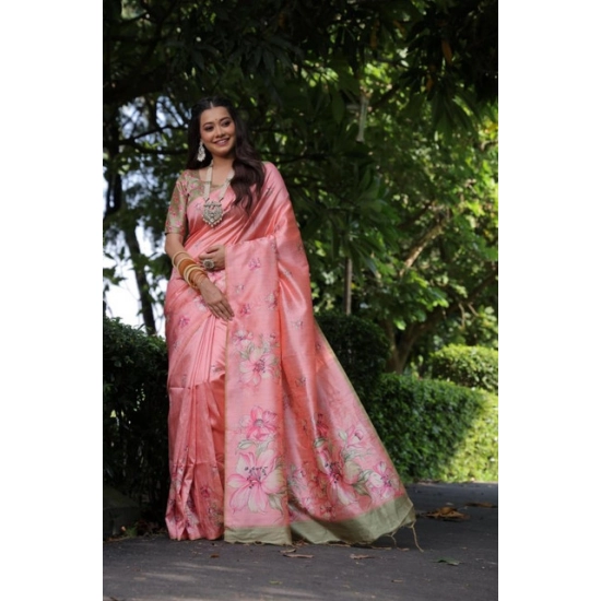 Generic Women's Faux_Tussar Floral_Print Saree With Unstitched Blouse 5.5Mtr (Peach) Generic Women's Faux_Tussar Floral_Print Saree With Unstitched Blouse 5.5Mtr (Peach)