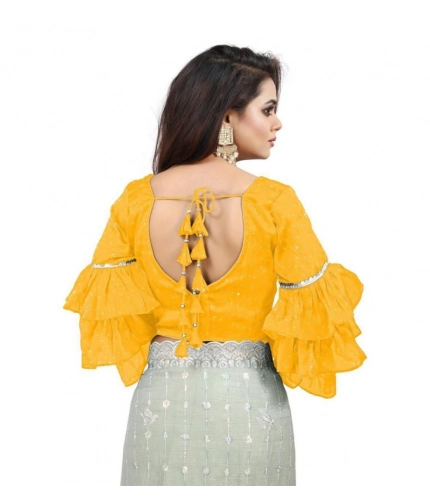 Generic Women's Organza Solid V Neck Layered Ruffle Sleeve Readymade Blouse (Yellow Free Size , up to 38–40 Bust)-PID65860