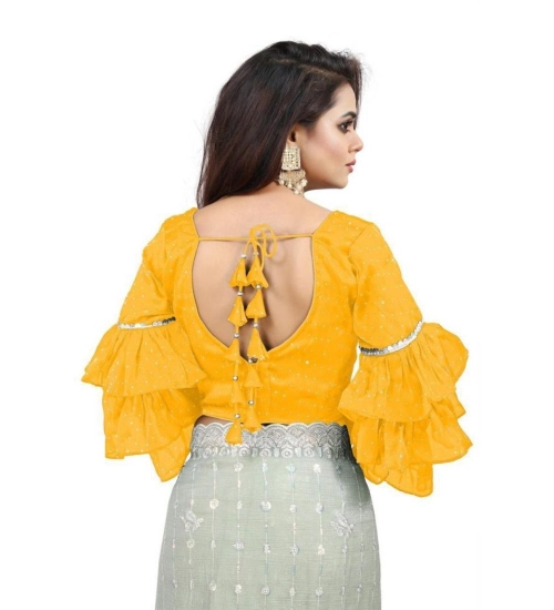 Generic Women's Organza Solid V Neck Layered Ruffle Sleeve Readymade Blouse (Yellow Free Size , up to 38–40 Bust)-PID65860