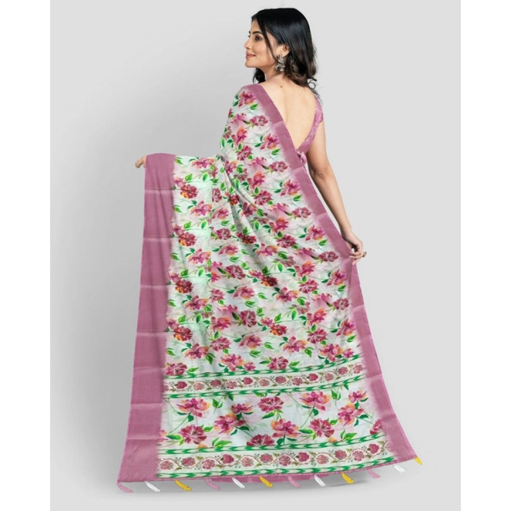 Women's Cotton Blend Floral Printed Saree With Unstitched Blouse 5.5Mtr (Pink)