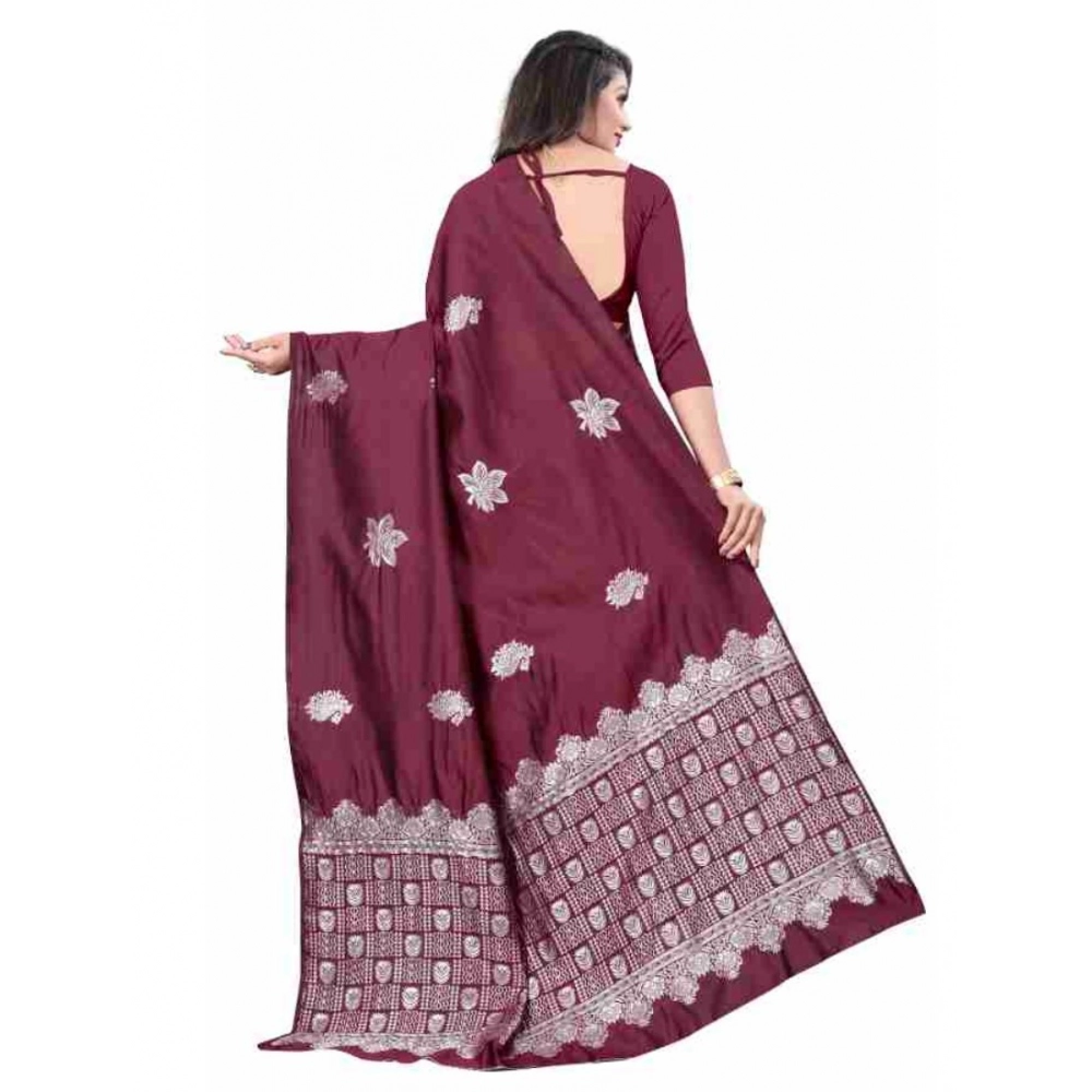 Generic Women's Soft Lichi Silk Printed Saree With Unstitched Blouse 5.5Mtr (Wine)
