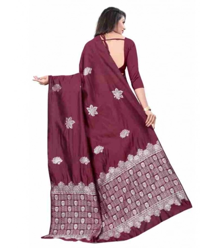 Generic Women's Soft Lichi Silk Printed Saree With Unstitched Blouse 5.5Mtr (Wine)