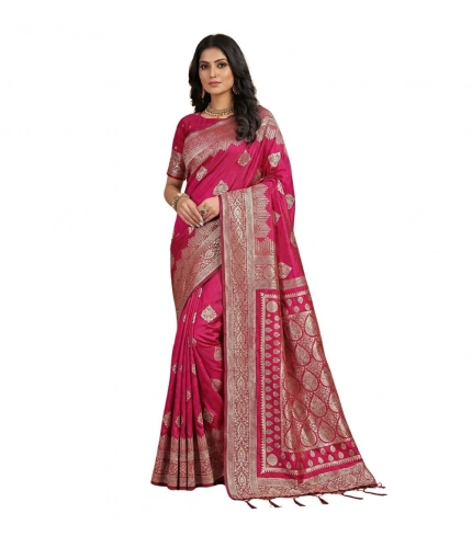 Generic Women's Silk Blend Printed Saree With Unstitched Blouse 5.5Mtr (Magenta)