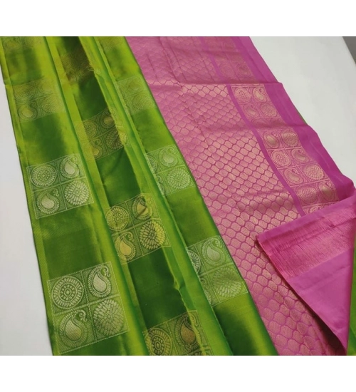 Generic Women's Litchi silk Printed Saree With Unstitched Blouse (Green With Pink)