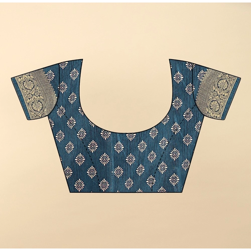 Generic Women's Cotton Silk Floral Printed Saree With Unstitched Blouse 5.5Mtr (Blue)