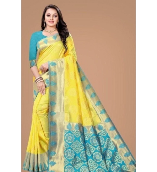 Generic Women's Litchi silk Printed Saree With Unstitched Blouse (Yellow)