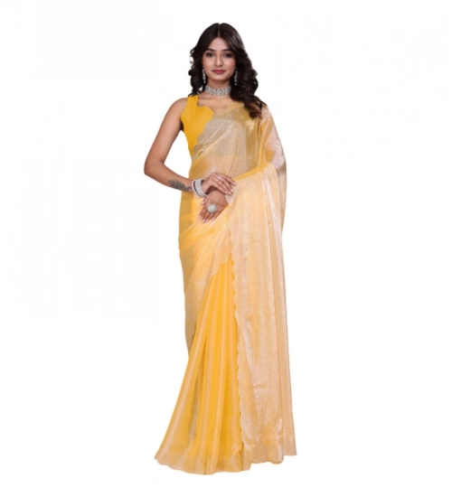 Generic Women's Tissue Pure Silk Embellished Bollywood Saree With Unstitched Blouse 5.5Mtr (Yellow)