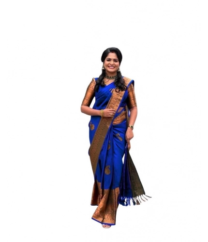 Generic Women's Soft Lichi Silk Printed Saree With Unstitched Blouse 5.5Mtr (Navy-Blue)