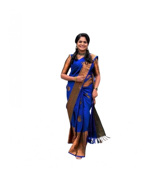 Generic Women's Soft Lichi Silk Printed Saree With Unstitched Blouse 5.5Mtr (Navy-Blue)