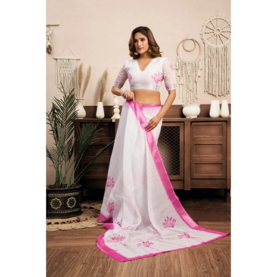Generic Women's Linen Cotton Printed Ready To Wear Saree With Unstitched Blouse 5.5 Mtr (Light_White)