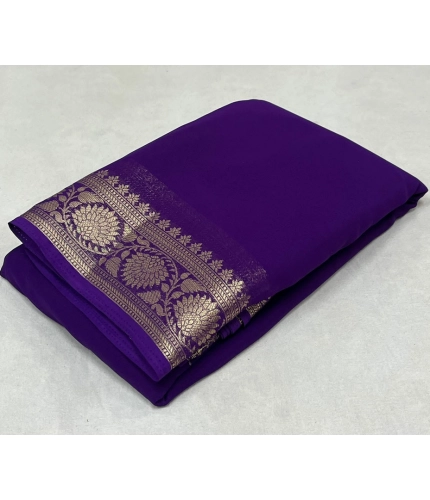 Generic Women's Crepe Chit Pallu Solid Saree With Unstitched Blouse 5.5Mtr (Dark Purple)