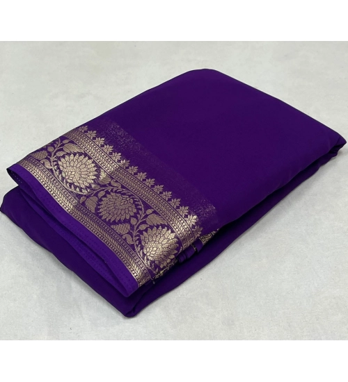 Generic Women's Crepe Chit Pallu Solid Saree With Unstitched Blouse 5.5Mtr (Dark Purple)