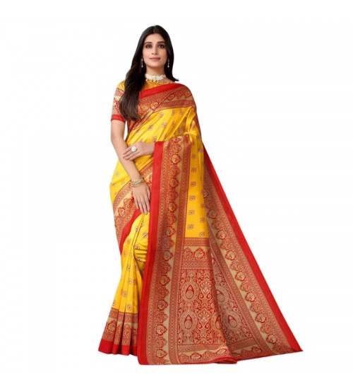 Generic Women's Litchi silk Printed Saree With Unstitched Blouse  5-6 Mtrs (Yellow)