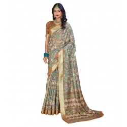 Generic Women's Printed Cotton Linen Saree withPrinted  Saree With Unstitched Blouse (Green, 5-6Mtrs)