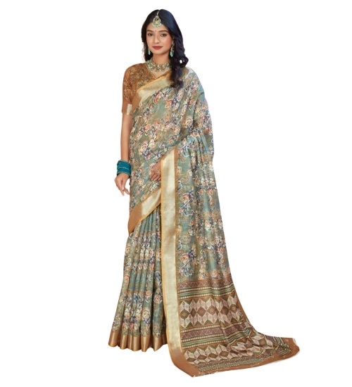 Generic Women's Printed Cotton Linen Saree withPrinted  Saree With Unstitched Blouse (Green, 5-6Mtrs)