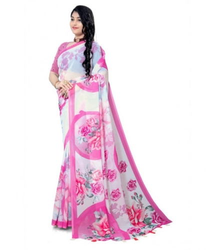 Generic Women's Georgette Floral Printed Saree With Unstitched Blouse 5.5Mtr (Pink)