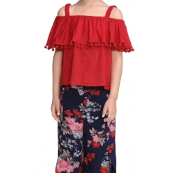 Generic Girl's Rayon Crepe Printed Cold Shoulder Top and Pants Set (Red-Navy)
