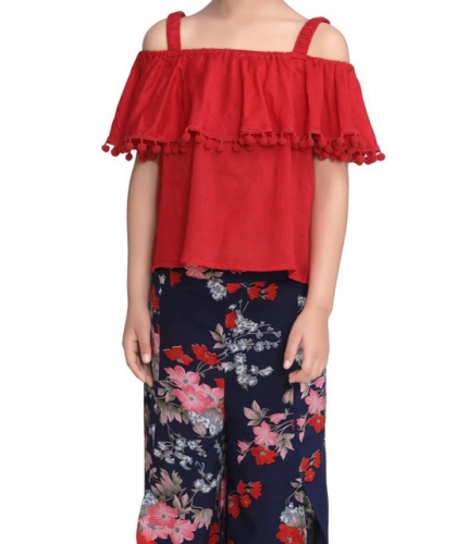 Generic Girl's Rayon Crepe Printed Cold Shoulder Top and Pants Set (Red-Navy)