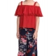 Generic Girl's Rayon Crepe Printed Cold Shoulder Top and Pants Set (Red-Navy)
