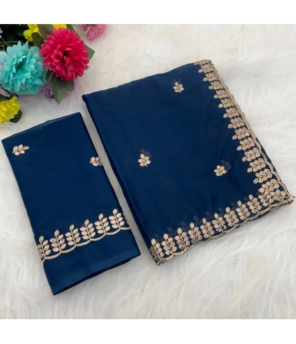 Generic Women's Georgette Embroidered Saree With Unstitched Blouse 5.5Mtr (Blue)