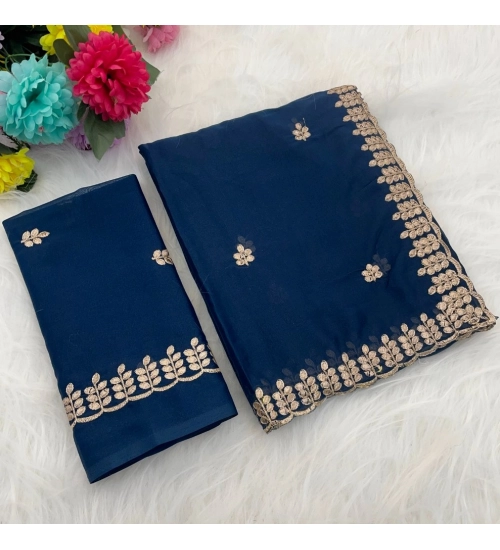Generic Women's Georgette Embroidered Saree With Unstitched Blouse 5.5Mtr (Blue)