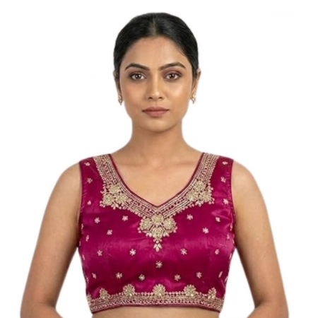 Generic Women's Silk Embroidered V-Neck Sleeveless Readymade Padded Blouse (Pink, Size 38) Generic Women's Silk Embroidered V-Neck Sleeveless Readymade Padded Blouse (Pink, Size 38)