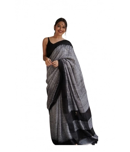 Generic Women's Soft Lilan Printed Saree With Unstitched Blouse 5.5Mtr (Black)