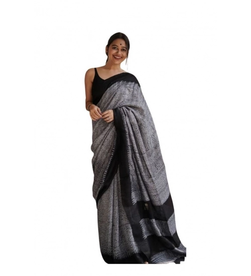 Generic Women's Soft Lilan Printed Saree With Unstitched Blouse 5.5Mtr (Black)