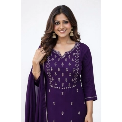 Generic Women's Georgette Ethnic Motif Round 3/4th Sleeve Kurti With Pant Dupatta Set (Purple)