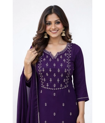 Generic Women's Georgette Ethnic Motif Round 3/4th Sleeve Kurti With Pant Dupatta Set (Purple)