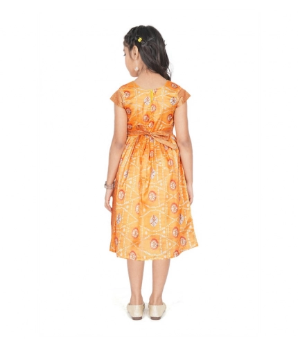 Generic Girl's Brocket Silk Printed Short Sleeve Round Neck Dress (Orange)