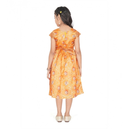 Generic Girl's Brocket Silk Printed Short Sleeve Round Neck Dress (Orange)