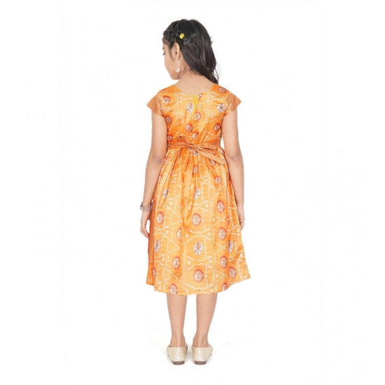 Generic Girl's Brocket Silk Printed Short Sleeve Round Neck Dress (Orange)