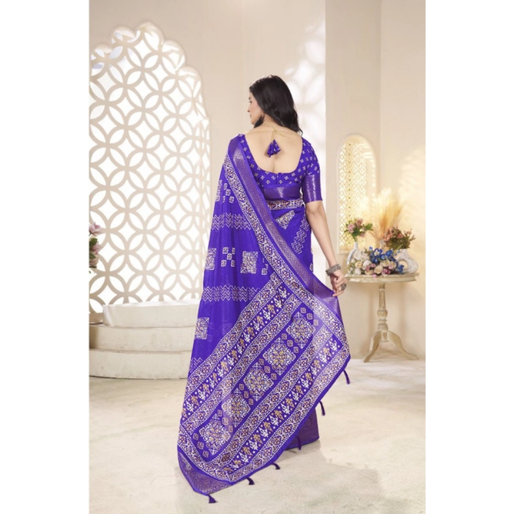 Women's Cotton Silk Printed Saree With Unstitched Blouse 5.5Mtr (Royal Blue)