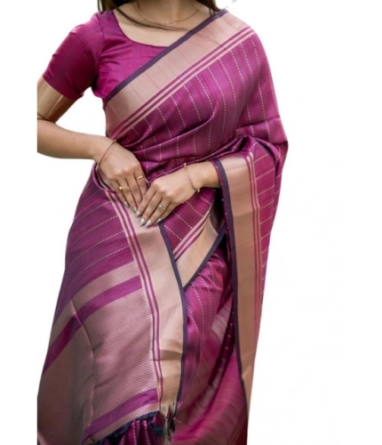 Generic Women's Faux_Banarasi Lining Pattern Saree With Unstitched Blouse 5.5Mtr (Magenta)